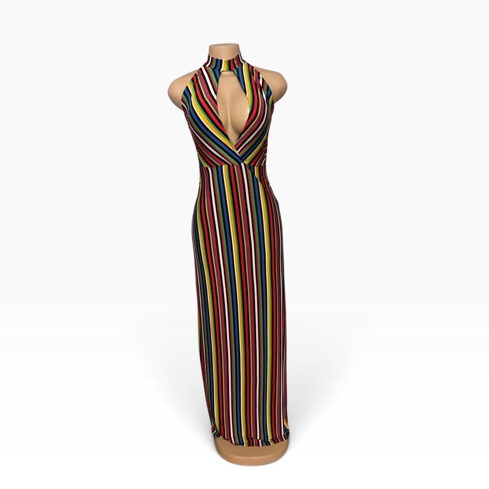 Fashion Nova Rainbow Stripe Keyhole Halter Maxi Dress Small